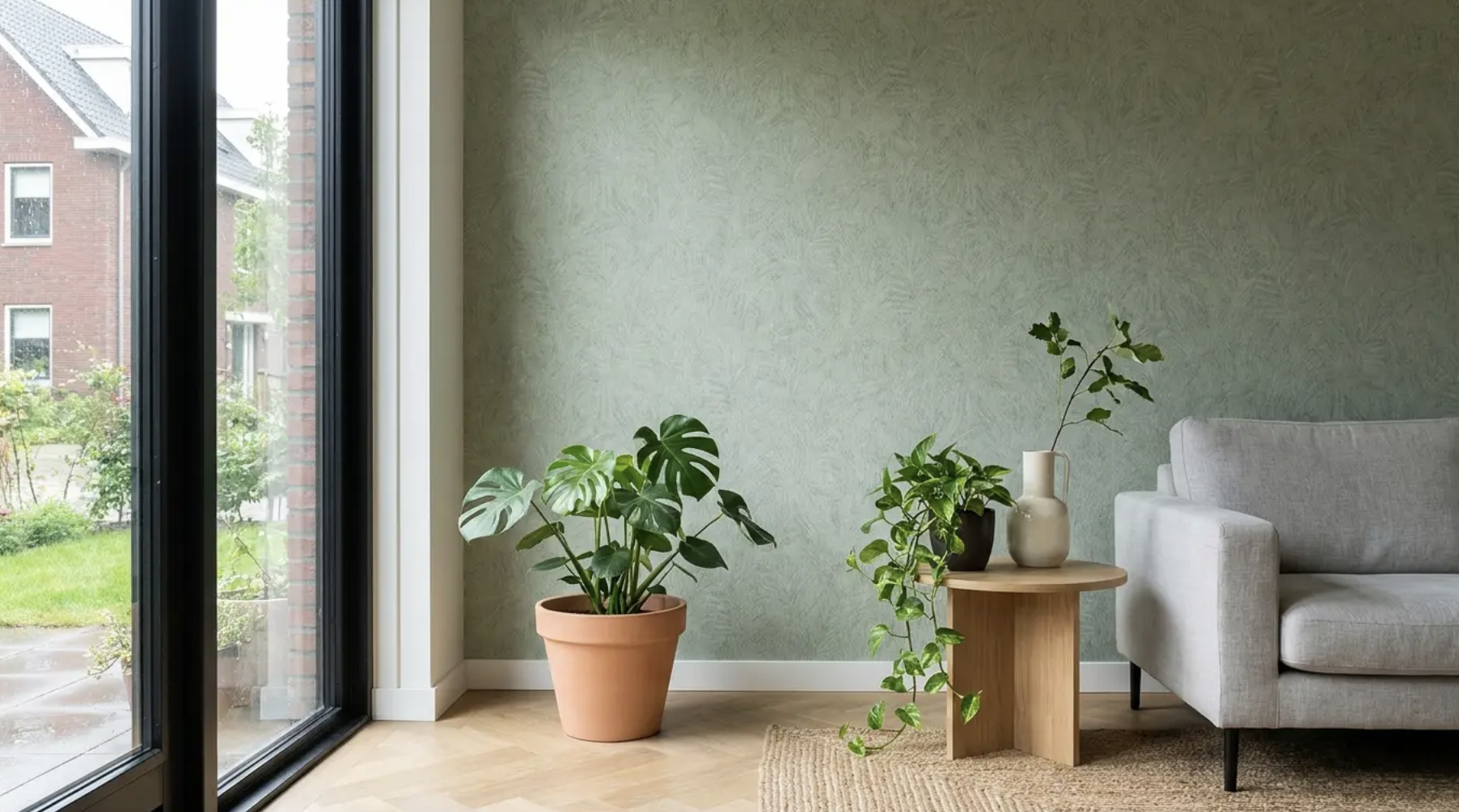 Natuurlijke warmte en karakter in het interieur door groen behang